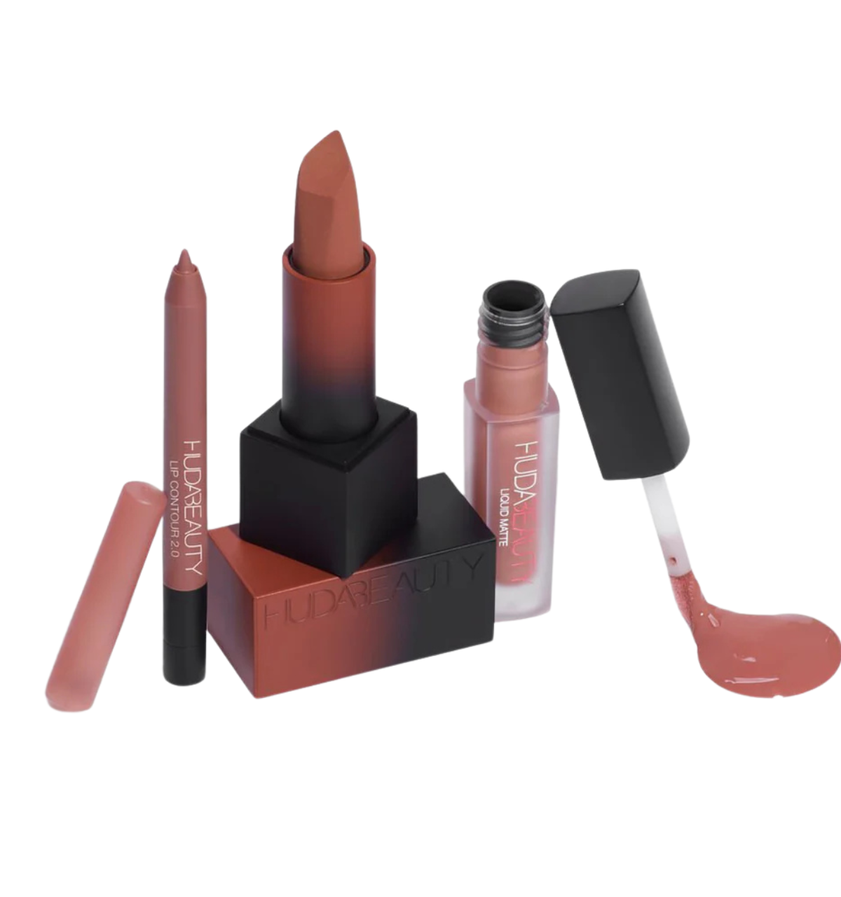 Huda Beauty Lip Trio Set Lip Contour Pink Brown+Matte Lipstick Interview+Liquid Lipstick Bombshell