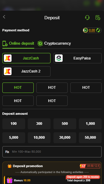 10win deposit screen with payment options