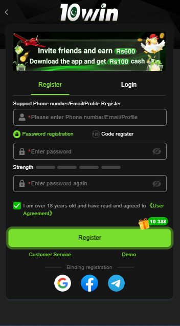 10win registration screen