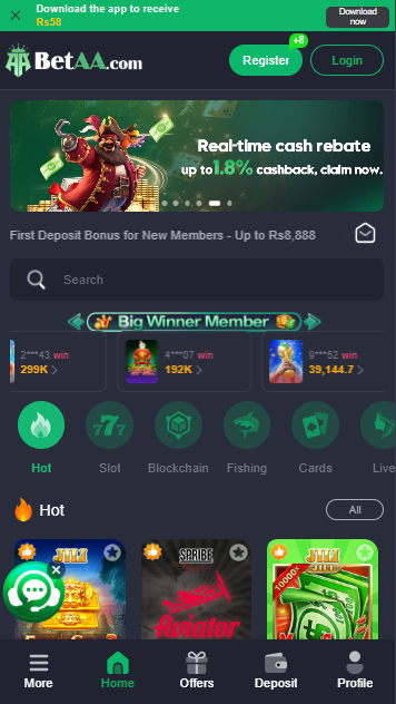 BetAA Game homepage with games and balance