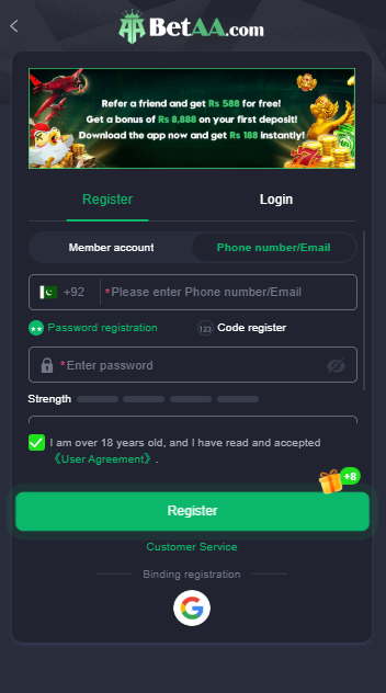 BetAA Game registration sign-up screen