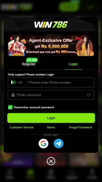 Win786 Game login screen