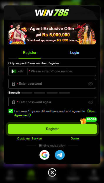 Win786 Game registration sign-up screen